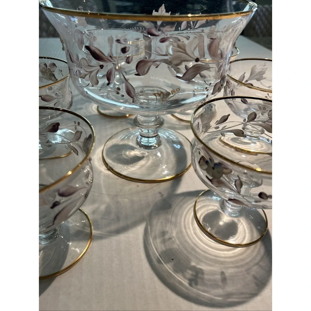 VTG MORO Signed Murano Hand Painted Gold Rim Trifle Compote and Dessert Cups COA